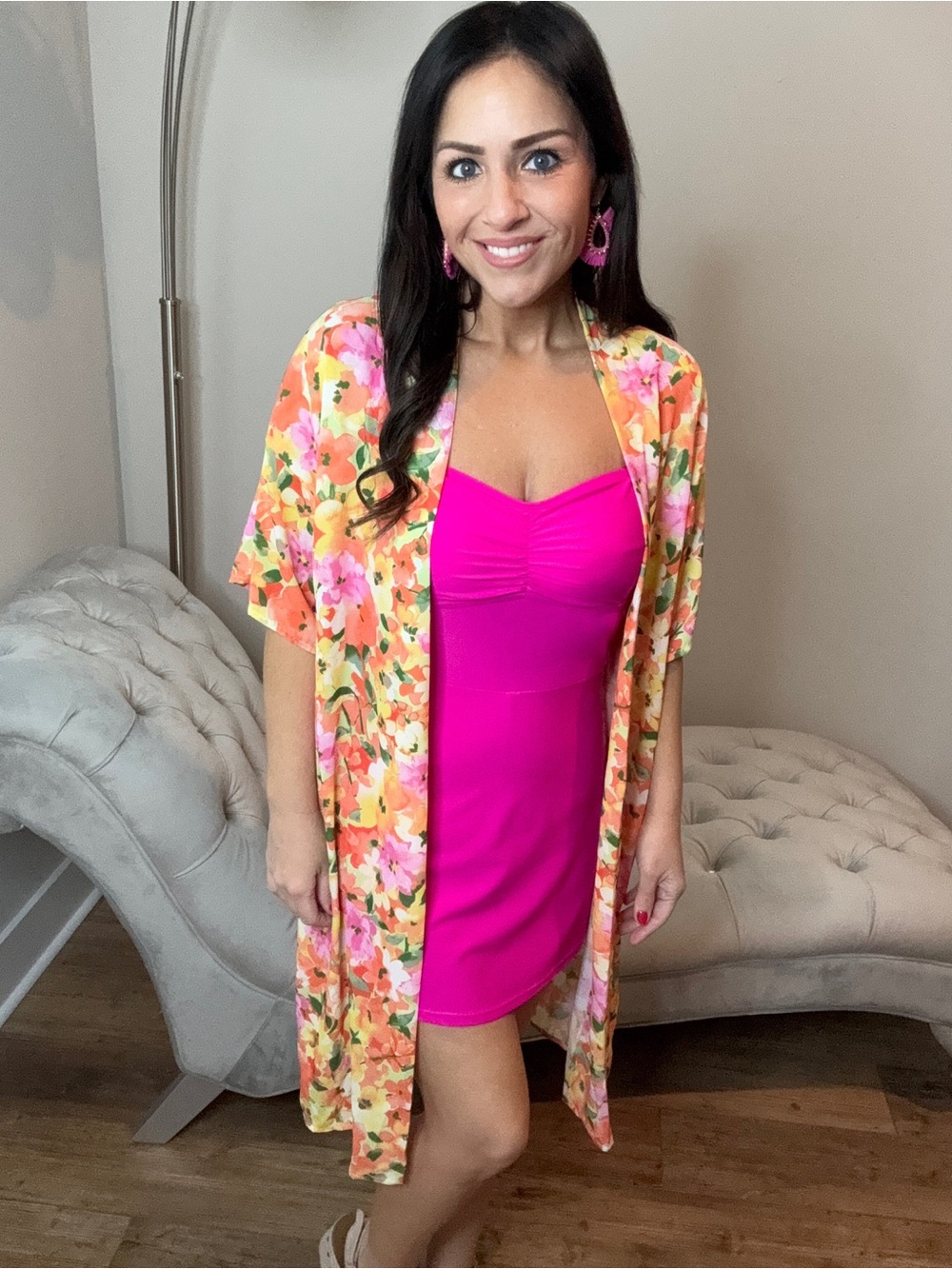 M-2X Bright Pink Floral Orange Kimono Swim Cover-Up